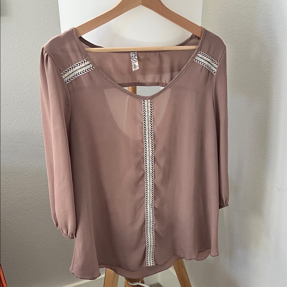 Chic Taupe Blouse with Embroidered Accents